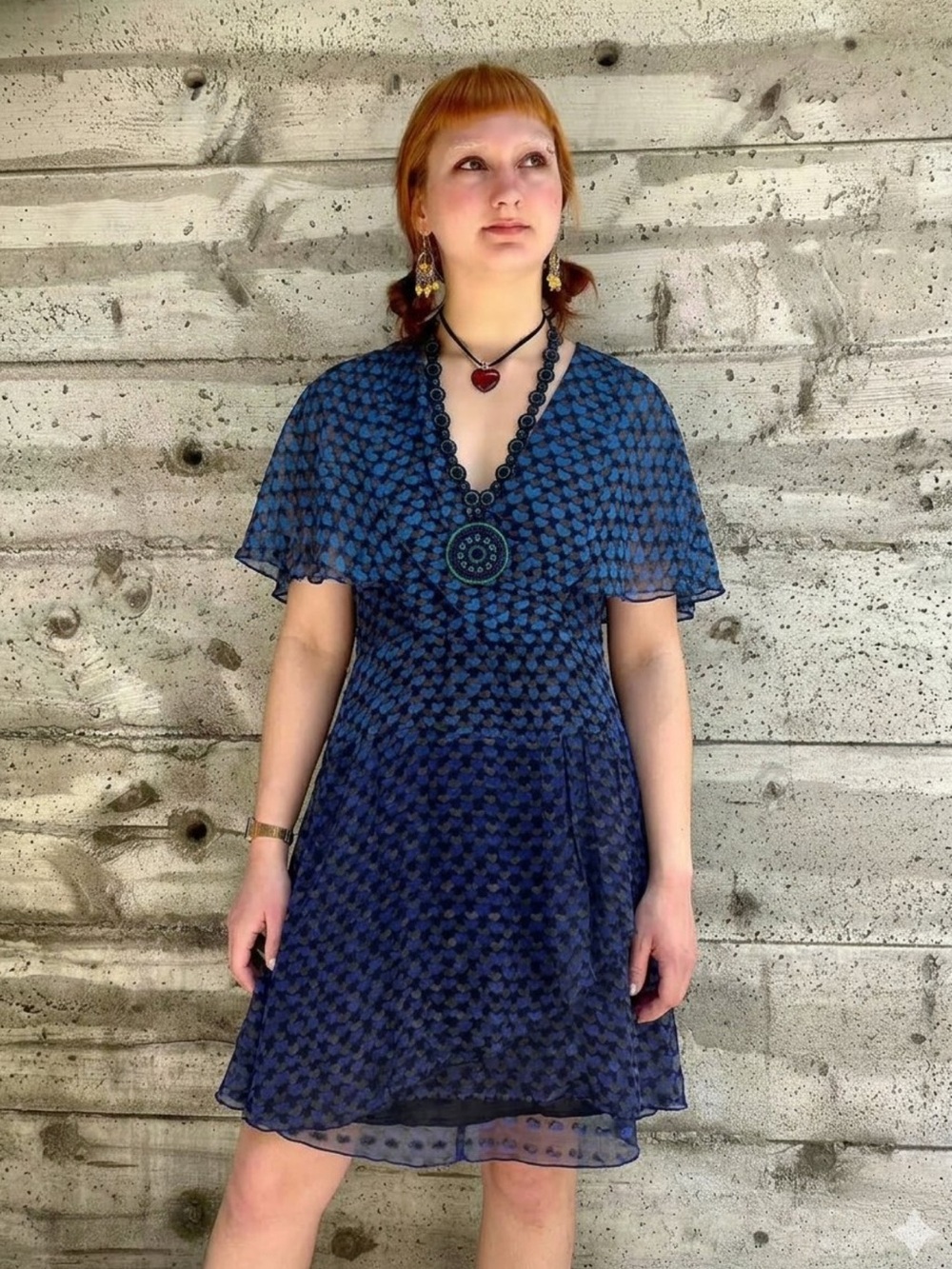 Anna Sui Blue Heart Print Silk Flutter Sleeve Dress Size 4